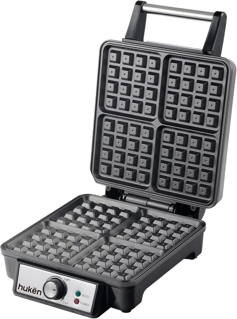 WAFFLERA BELGA ELÉCTRICA HEAT+ PREMIUM 4 REBANADAS PERILLA DE TEMPERATURA AJUSTABLE DISEÑO DE ACERO INOXIDABLE LUCES DE ENCENDIDO Y LISTO ANTIADHERENTE DE ALTO NIVEL 