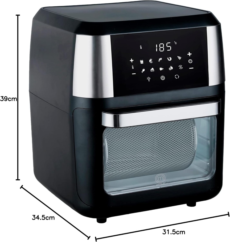 HORNO FREIDORA DE AIRE MULTIFUNCIONAL PREMIUM 12 L 10 FUNCIONES PANEL TOUCH APAGADO AUTOMÁTICO LUZ INTERNA ACERO INOXIDABLE ACCESORIOS Y RECETARIO