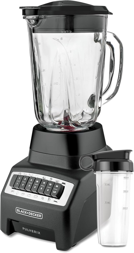BLACK+DECKER PULVERIX, LICUADORA, 700W, 12 VELOCIDADES + PULSO, JARRA DE VIDRIO 1.5L, CUCHILLA 6 ASPAS ACERO INOXIDABLE, COLOR NEGRO