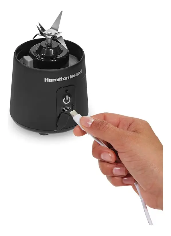 HAMILTON BEACH BLEND NOW, LICUADORA PORTÁTIL INALÁMBRICA, VASO 473ML (16OZ), 144W, CUCHILLAS ACERO INOXIDABLE, CARGA USB, COLOR NEGRO
