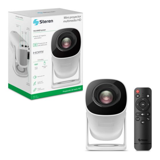 STEREN MINI PROYECTOR MULTIMEDIA, RESOLUCIÓN HD 720P, PROYECCIÓN 35"-100", 110 LÚMENES ANSI, ENTRADAS HDMI/USB, BLUETOOTH, CONTROL REMOTO