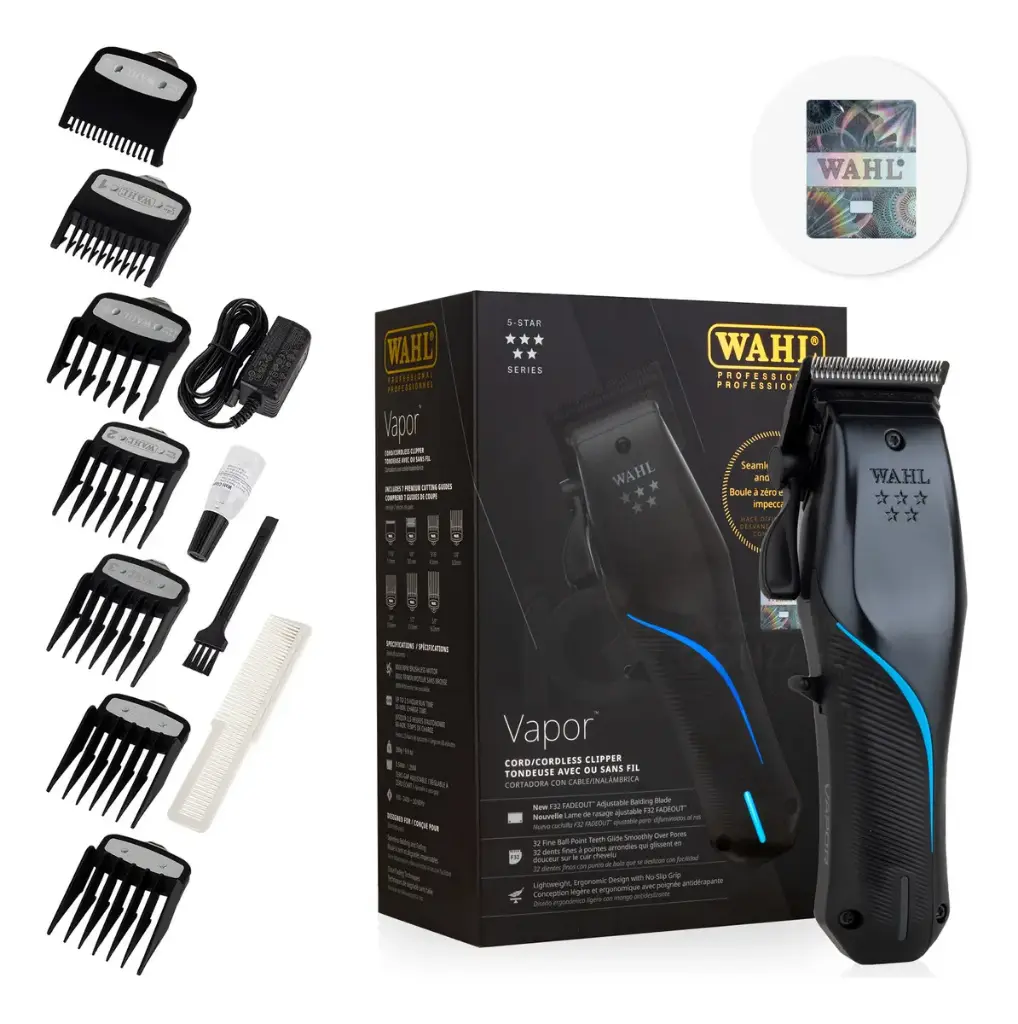 WAHL PROFESSIONAL 5 STAR VAPOR, CORTADORA CON/SIN CABLE, CUCHILLA F32 AJUSTABLE, MOTOR SIN ESCOBILLAS 8000 RPM, BATERIA LITIO