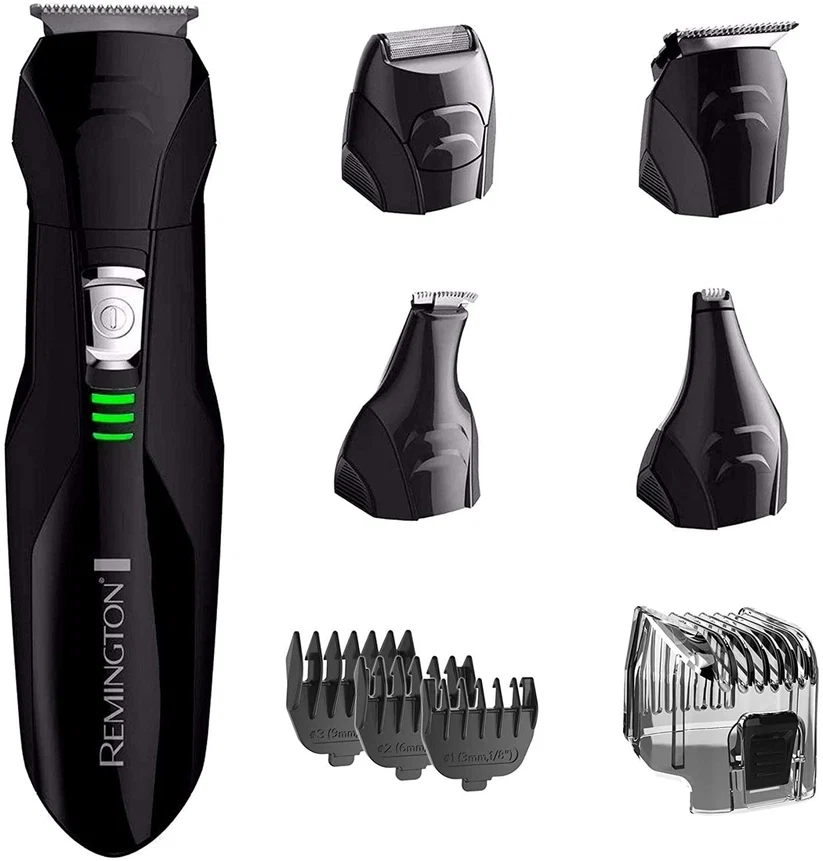 REMINGTON KIT TODO EN 1, RECORTADORA RECARGABLE PARA BARBA/BIGOTE/NARIZ/OIDOS, 8 ACCESORIOS INTERCAMBIABLES, CUCHILLAS ACERO QUIRURGICO, BASE DE CARGA 