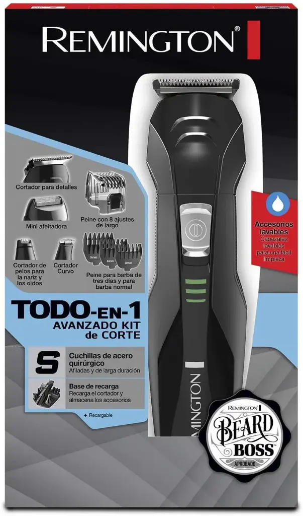REMINGTON KIT TODO EN 1, RECORTADORA RECARGABLE PARA BARBA/BIGOTE/NARIZ/OIDOS, 8 ACCESORIOS INTERCAMBIABLES, CUCHILLAS ACERO QUIRURGICO, BASE DE CARGA 