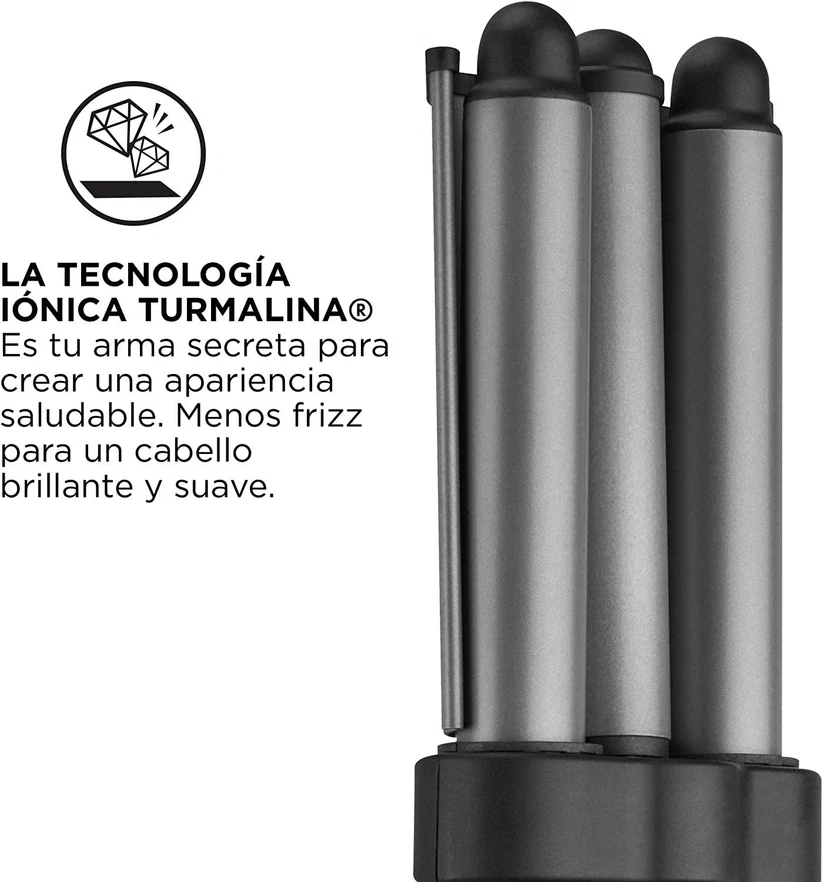 REVLON WAVER JUMBO, RIZADORA 3 BARRILES, CERAMICA TURMALINA, 30 AJUSTES DE CALOR HASTA 215°C, COLOR NEGRO