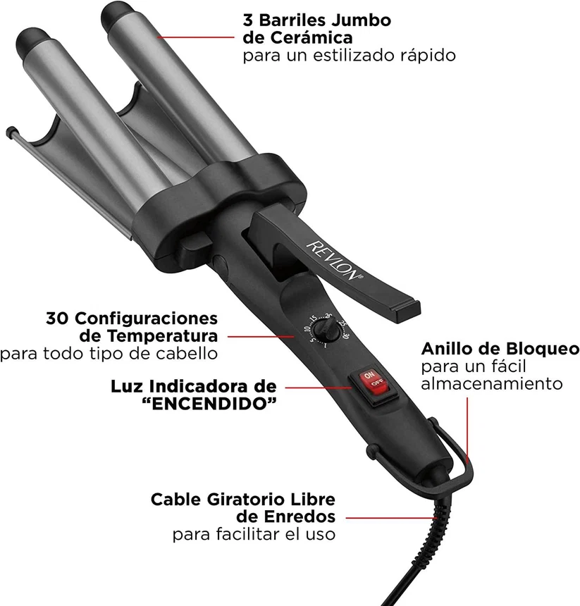 REVLON WAVER JUMBO, RIZADORA 3 BARRILES, CERAMICA TURMALINA, 30 AJUSTES DE CALOR HASTA 215°C, COLOR NEGRO
