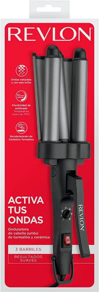 REVLON WAVER JUMBO, RIZADORA 3 BARRILES, CERAMICA TURMALINA, 30 AJUSTES DE CALOR HASTA 215°C, COLOR NEGRO