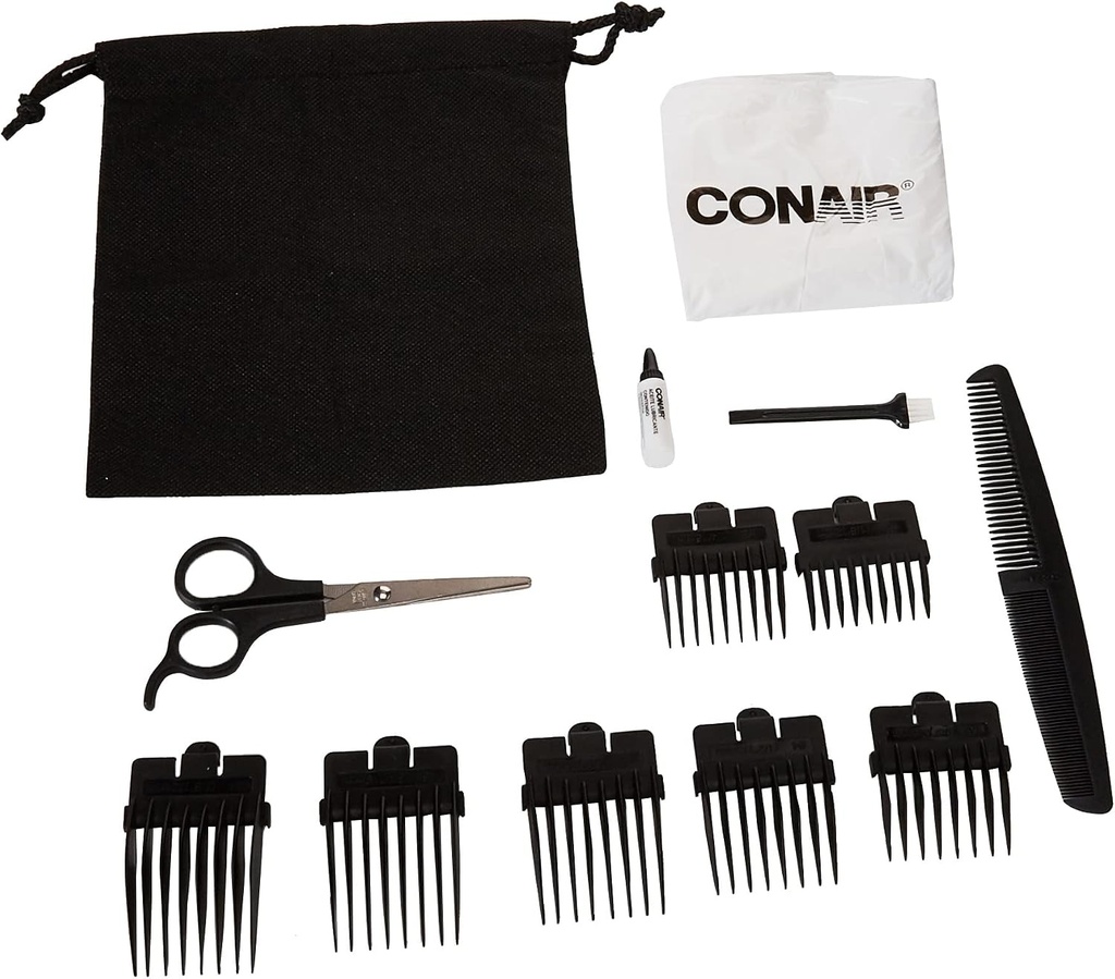 CONAIR CHROME HAIRCUT KIT, JUEGO DE PELUQUERIA 15 PIEZAS, RECORTADORA ALAMBRICA, 7 PEINES GUIA, BOLSA DE GUARDADO, COLOR CROMADO 