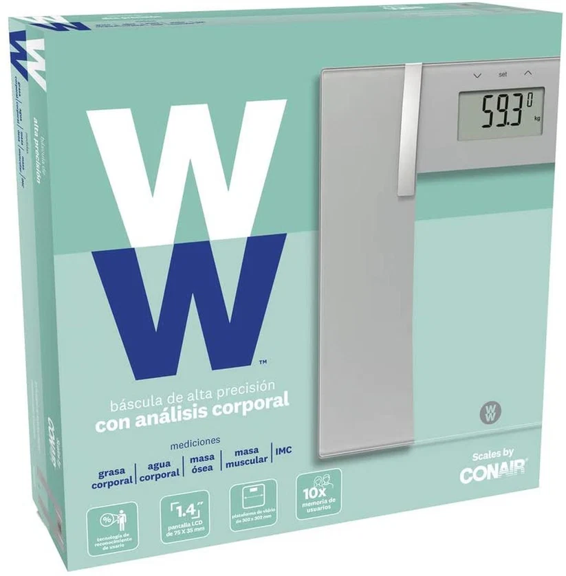 CONAIR BASCULA DIGITAL DE ANALISIS CORPORAL, MIDE PESO/IMC/GRASA/AGUA/MASA OSEA, CAPACIDAD 182KG, MEMORIA 10 USUARIOS, PLATAFORMA DE VIDRIO 