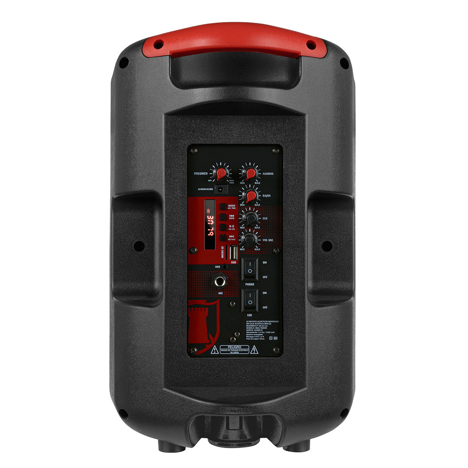 KSR (KAISER) BAFLE PROFESIONAL RECARGABLE 8", 7,200W PMPO/25W RMS, BLUETOOTH, MICRÓFONO INCLUIDO, LUCES LED, CONTROL REMOTO, COLOR NEGRO