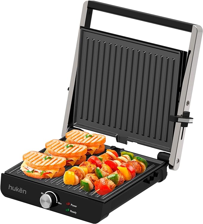 PARRILLA ELÉCTRICA MULTIFUNCIONAL XL GRILL PRO APERTURA 180° PERILLA DE TEMPERATURA PARRILLAS ANTIADHERENTES BANDEJA DE GOTEO DISEÑO ACERO INOXIDABLE