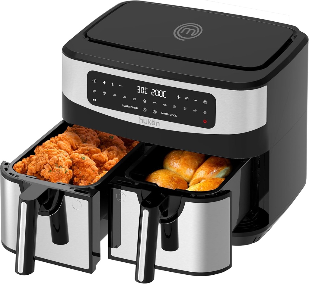 FREIDORA DE AIRE DOBLE CANASTA CANASTAS DE 4.5 LT MULTIFUNCIONAL 9 LITROS ZONAS DE COCCION INDEPENDIENTES TOUCH ACERO INOXIDABLE