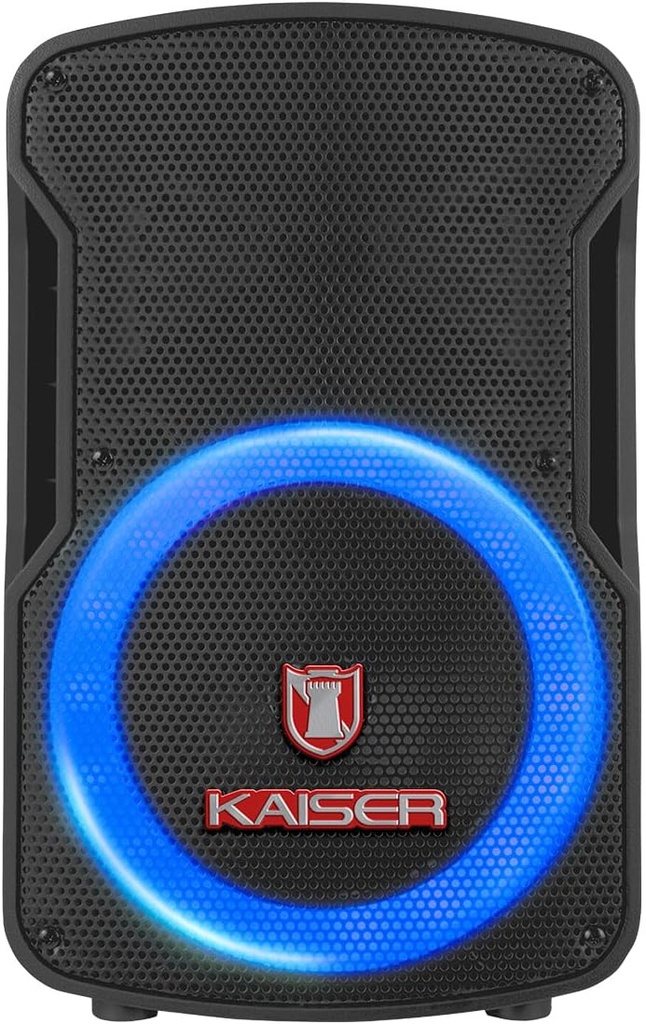 KSR (KAISER) BAFLE PROFESIONAL RECARGABLE 8", 7,200W PMPO/25W RMS, BLUETOOTH, MICROFONO INCLUIDO, LUCES LED, CONTROL REMOTO, COLOR NEGRO