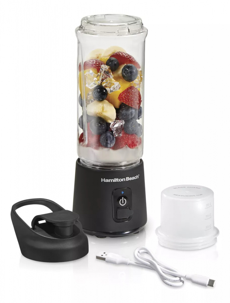 HAMILTON BEACH BLEND NOW, LICUADORA PORTÁTIL INALÁMBRICA, VASO 473ML (16OZ), 144W, CUCHILLAS ACERO INOXIDABLE, CARGA USB, COLOR NEGRO