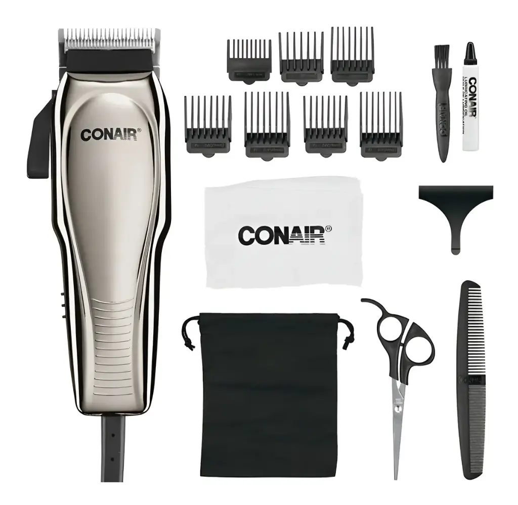 CONAIR CHROME HAIRCUT KIT, JUEGO DE PELUQUERIA 15 PIEZAS, RECORTADORA ALAMBRICA, 7 PEINES GUIA, BOLSA DE GUARDADO, COLOR CROMADO 