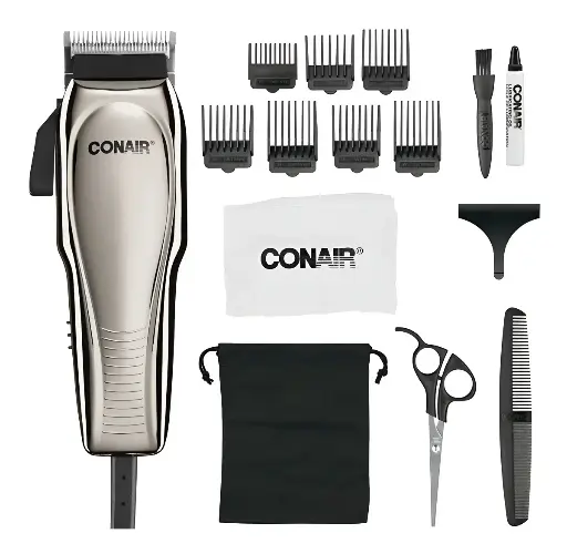[HC227ES] CONAIR CHROME HAIRCUT KIT, JUEGO DE PELUQUERIA 15 PIEZAS, RECORTADORA ALAMBRICA, 7 PEINES GUIA, BOLSA DE GUARDADO, COLOR CROMADO 